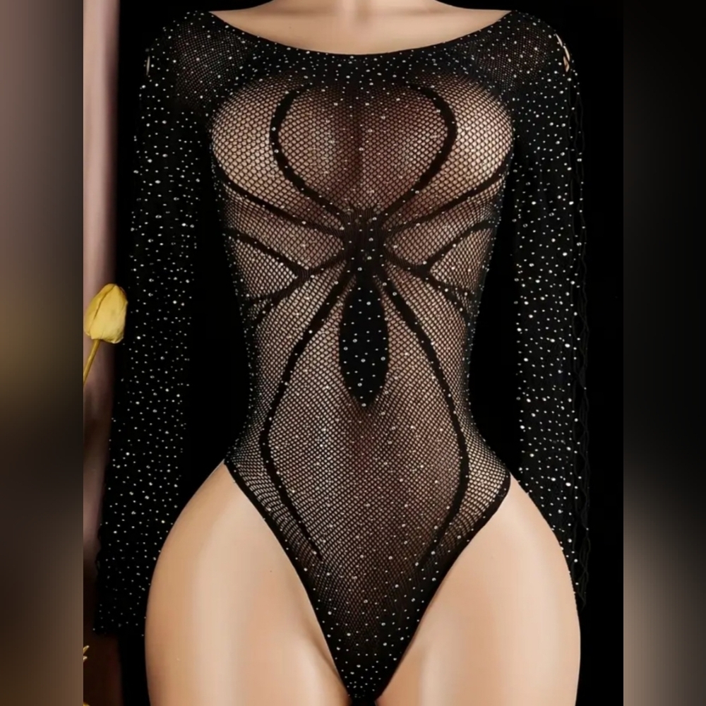 Black Sheer Fishnet Rhinestone Long Sleeve Bodysuit XS-L